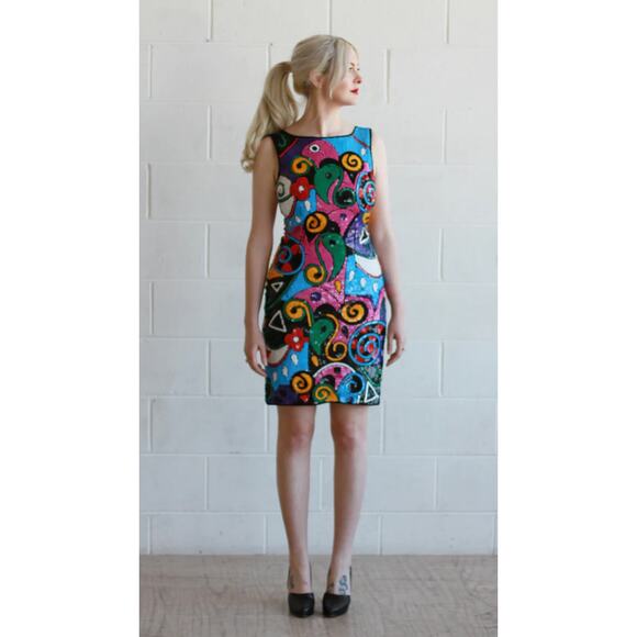 Laurence Kazar Sequined Pop Art Multicolor Sleeveless 80s Vintage Sheath Dress - Picture 1 of 9